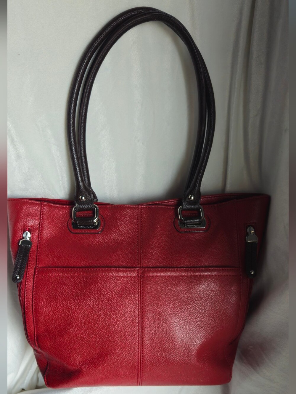 Tignanello Classic Red Pebble Leather Tote Bag with Dark Brown Handles